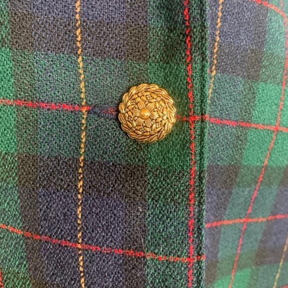 Vintage 90s Petite Green Navy Blue Plaid Wool Blazer Jacket Gold Buttons Preppy - Picture 7 of 11